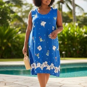 Dee California Vintage Blue Floral/Cocktails Women's Shift Dress Cotton Size XL